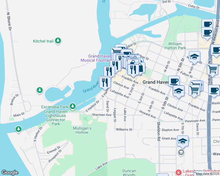 map of restaurants, bars, coffee shops, grocery stores, and more near 16 Lafayette Avenue in Grand Haven