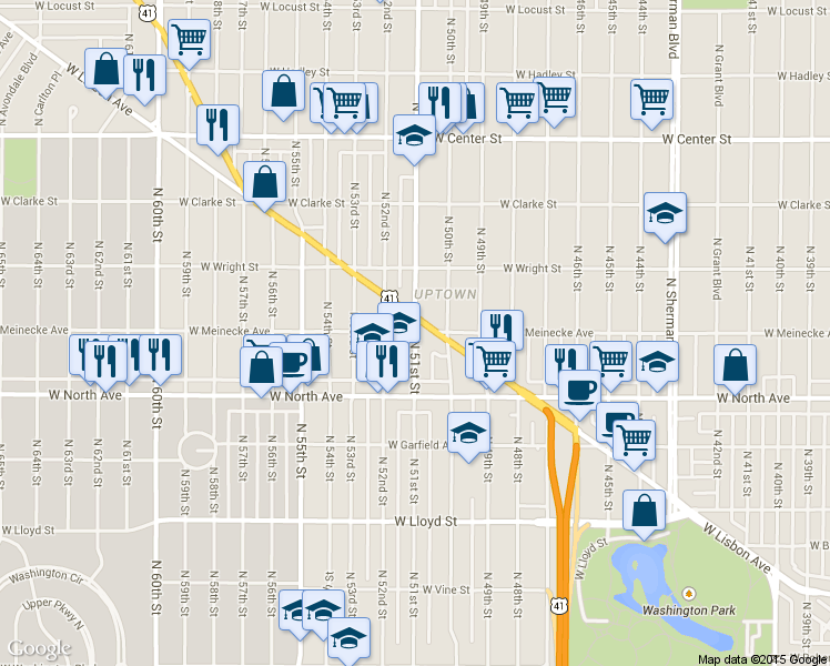 map of restaurants, bars, coffee shops, grocery stores, and more near 2399 North 51st Street in Milwaukee