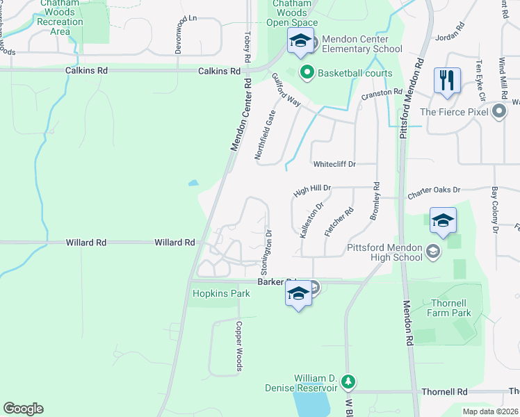 map of restaurants, bars, coffee shops, grocery stores, and more near 26 Stonington Drive in Pittsford