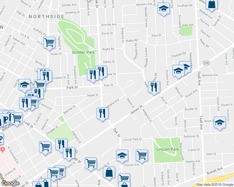 map of restaurants, bars, coffee shops, grocery stores, and more near 209 Dewitt Street in Syracuse