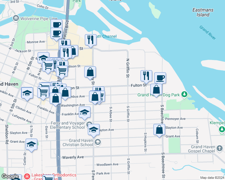 map of restaurants, bars, coffee shops, grocery stores, and more near 110 North Albee Street in Grand Haven