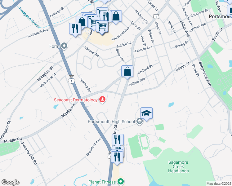 map of restaurants, bars, coffee shops, grocery stores, and more near 171 Monroe Street in Portsmouth
