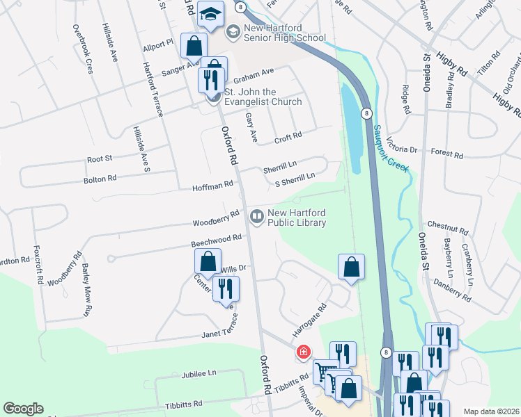 map of restaurants, bars, coffee shops, grocery stores, and more near 2 Sweetwater Hollow in New Hartford