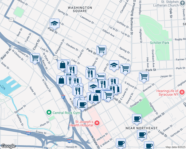 map of restaurants, bars, coffee shops, grocery stores, and more near in Syracuse