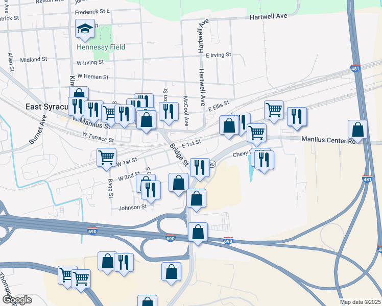 map of restaurants, bars, coffee shops, grocery stores, and more near 211 East 2nd Street in East Syracuse