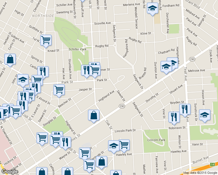 map of restaurants, bars, coffee shops, grocery stores, and more near 323 Highland Avenue in Syracuse