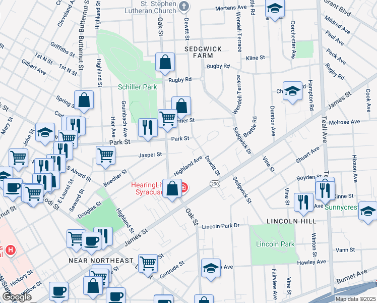 map of restaurants, bars, coffee shops, grocery stores, and more near 323 Highland Avenue in Syracuse
