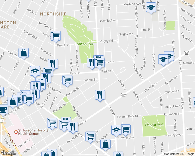 map of restaurants, bars, coffee shops, grocery stores, and more near 427-29 Douglas Street in Syracuse