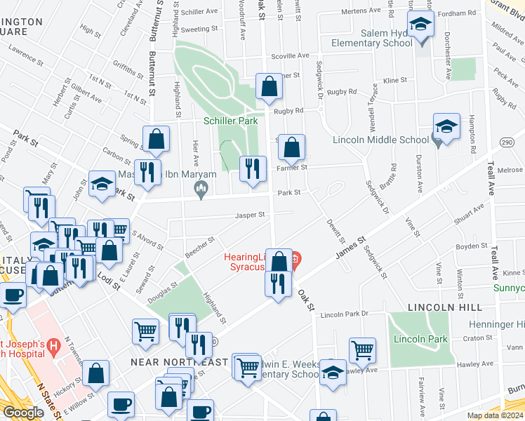 map of restaurants, bars, coffee shops, grocery stores, and more near 427-29 Douglas Street in Syracuse