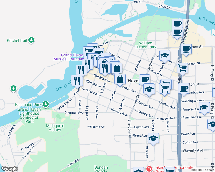 map of restaurants, bars, coffee shops, grocery stores, and more near 200 South 2nd Street in Grand Haven