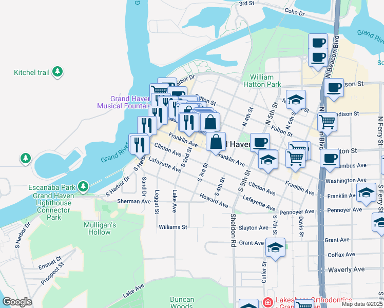 map of restaurants, bars, coffee shops, grocery stores, and more near 200 South 2nd Street in Grand Haven