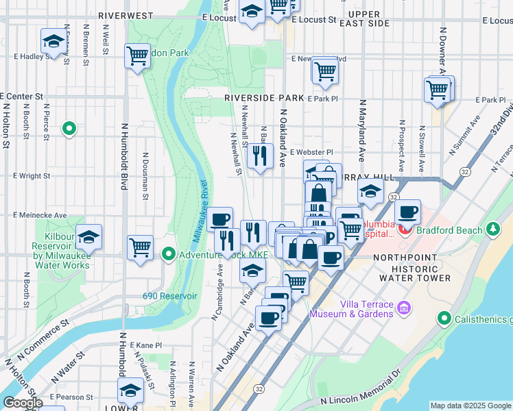 map of restaurants, bars, coffee shops, grocery stores, and more near 2425 North Bartlett Avenue in Milwaukee