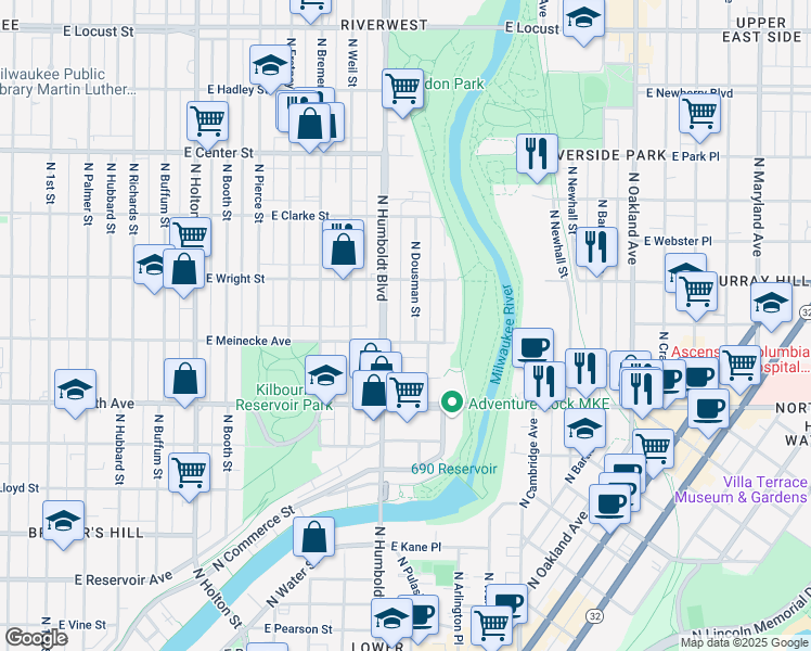 map of restaurants, bars, coffee shops, grocery stores, and more near 1125 East Meinecke Avenue in Milwaukee
