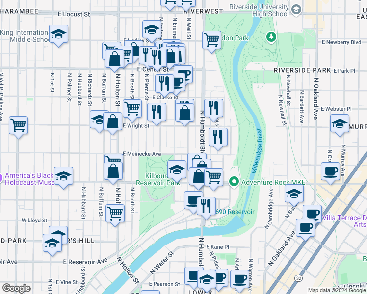 map of restaurants, bars, coffee shops, grocery stores, and more near 905 East Meinecke Avenue in Milwaukee
