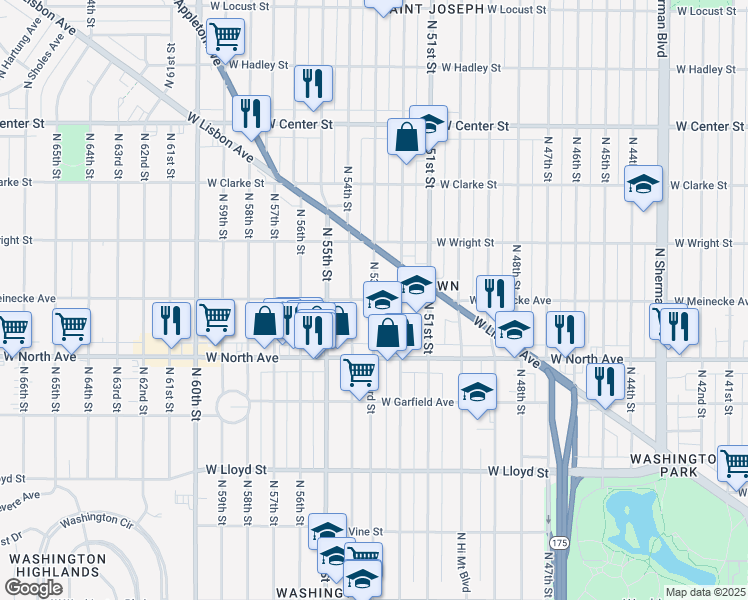 map of restaurants, bars, coffee shops, grocery stores, and more near W Meinecke Ave & N 53rd St in Milwaukee