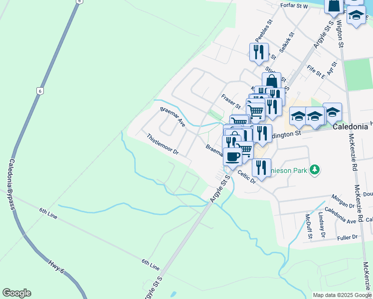 map of restaurants, bars, coffee shops, grocery stores, and more near 232 Kinross Street in Caledonia