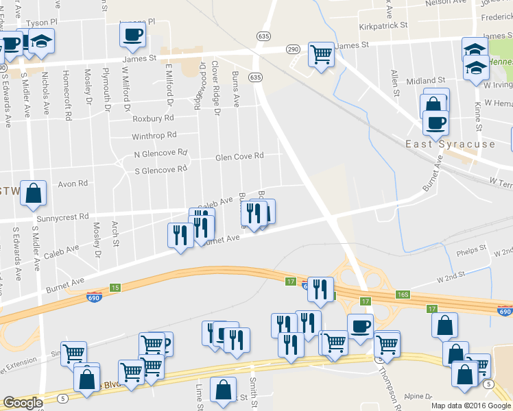 map of restaurants, bars, coffee shops, grocery stores, and more near 422 Boston Street in Syracuse