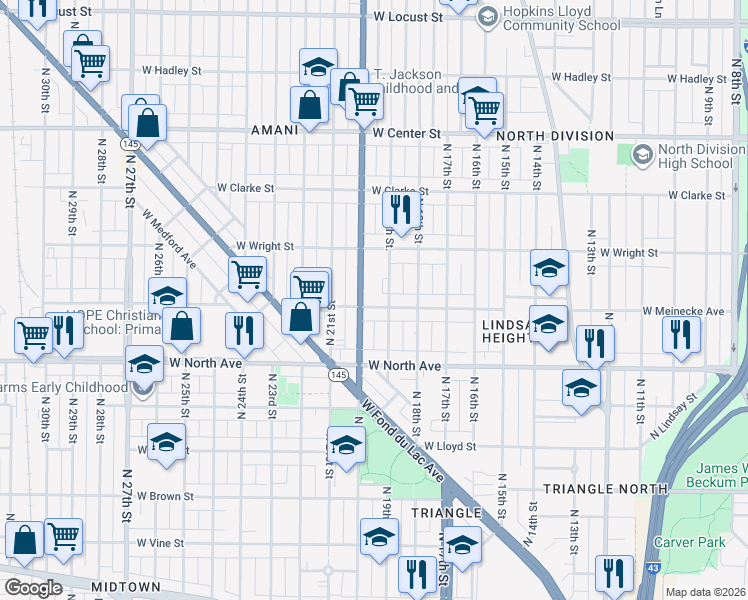map of restaurants, bars, coffee shops, grocery stores, and more near 1908 West Meinecke Avenue in Milwaukee