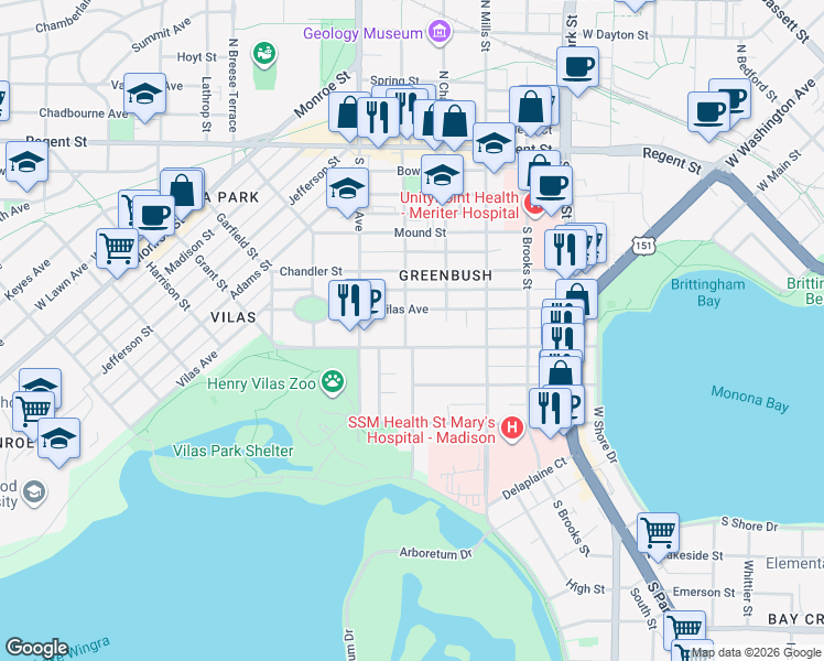 map of restaurants, bars, coffee shops, grocery stores, and more near 415 South Orchard Street in Madison