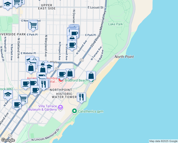map of restaurants, bars, coffee shops, grocery stores, and more near 2505 North Wahl Avenue in Milwaukee