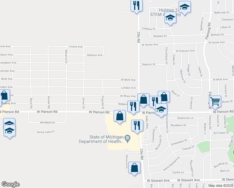 map of restaurants, bars, coffee shops, grocery stores, and more near 3078 West Parkway Avenue in Flint