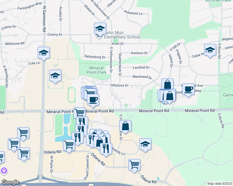 map of restaurants, bars, coffee shops, grocery stores, and more near 251 South Yellowstone Drive in Madison