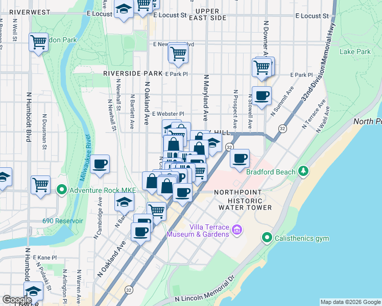 map of restaurants, bars, coffee shops, grocery stores, and more near N Frederick Ave & E Greenwich Ave in Milwaukee