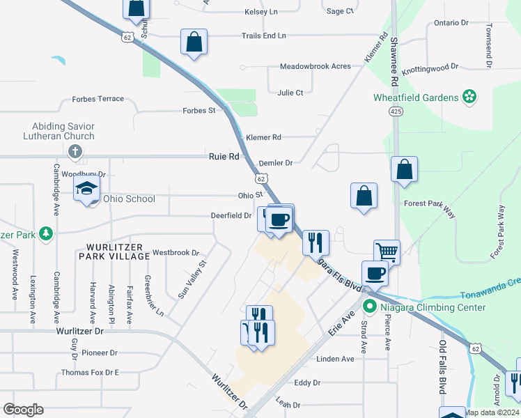 map of restaurants, bars, coffee shops, grocery stores, and more near 905 Deerfield Drive in North Tonawanda