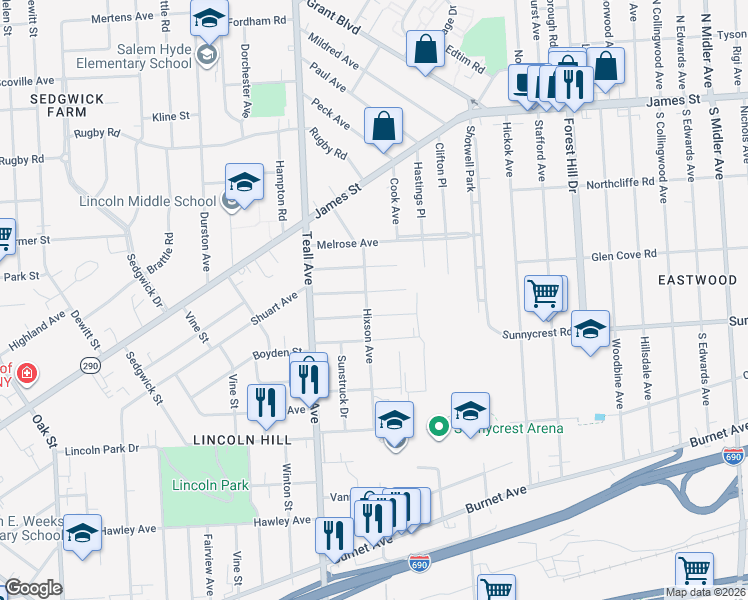map of restaurants, bars, coffee shops, grocery stores, and more near 409 Hixson Avenue in Syracuse