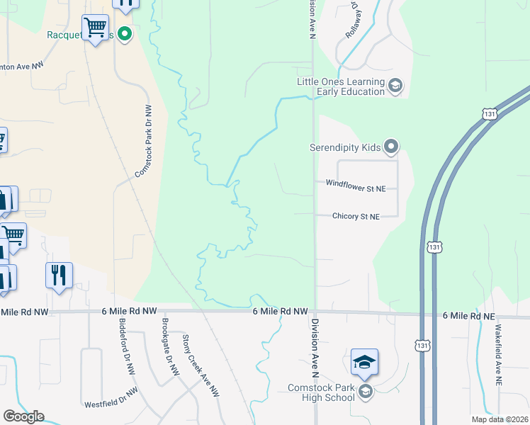 map of restaurants, bars, coffee shops, grocery stores, and more near 5427 Division Avenue North in Comstock Park