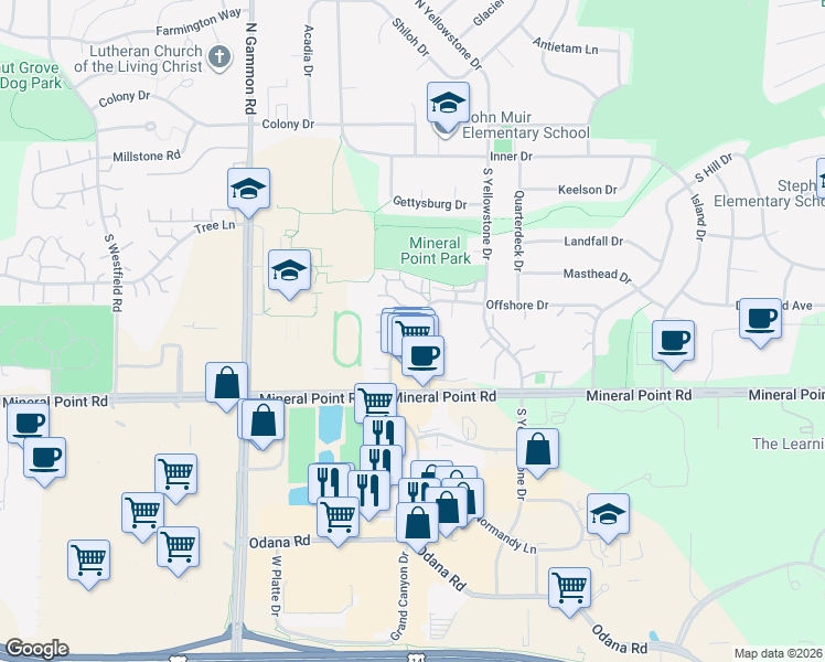 map of restaurants, bars, coffee shops, grocery stores, and more near 225 Grand Canyon Drive in Madison
