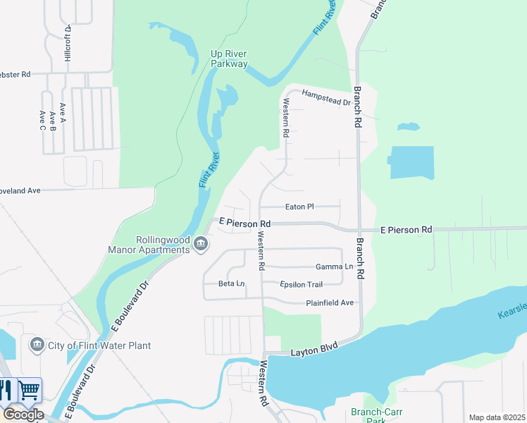 map of restaurants, bars, coffee shops, grocery stores, and more near 2705 East Pierson Road in Flint