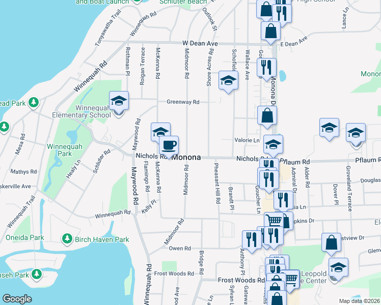 map of restaurants, bars, coffee shops, grocery stores, and more near 506 Nichols Road in Monona