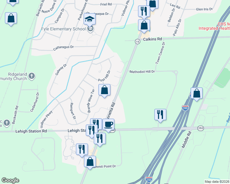 map of restaurants, bars, coffee shops, grocery stores, and more near 4575 New York 15 in Henrietta
