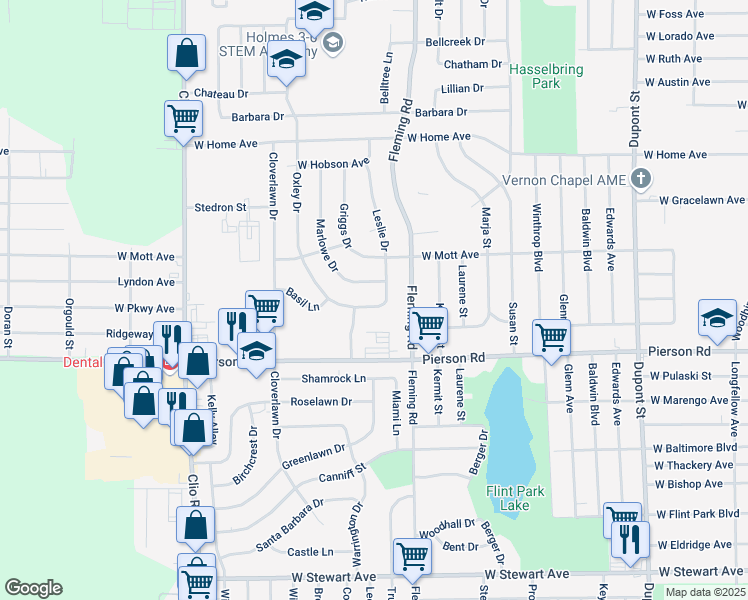 map of restaurants, bars, coffee shops, grocery stores, and more near 1711 Oxley Drive in Flint