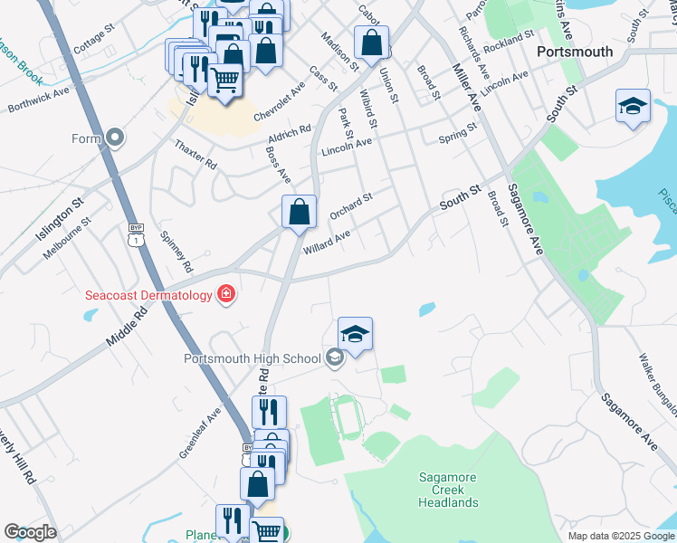 map of restaurants, bars, coffee shops, grocery stores, and more near 1160 South Street in Portsmouth