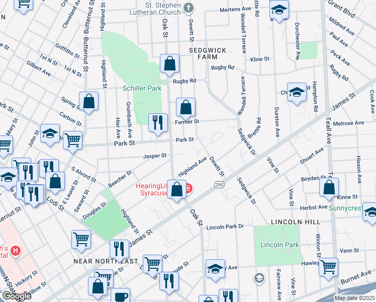 map of restaurants, bars, coffee shops, grocery stores, and more near 323 Highland Avenue in Syracuse