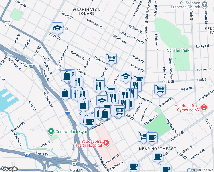 map of restaurants, bars, coffee shops, grocery stores, and more near 113 John Street in Syracuse