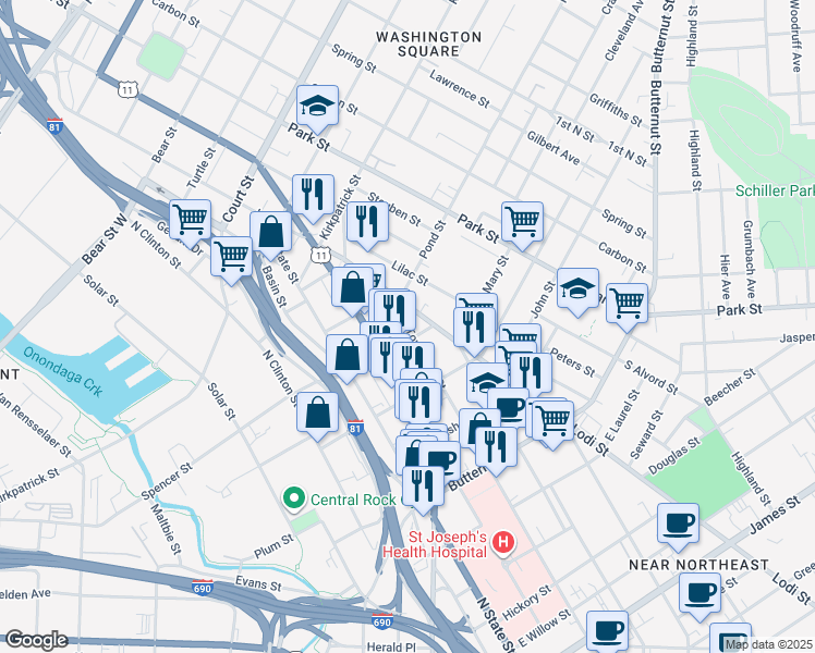 map of restaurants, bars, coffee shops, grocery stores, and more near in Syracuse