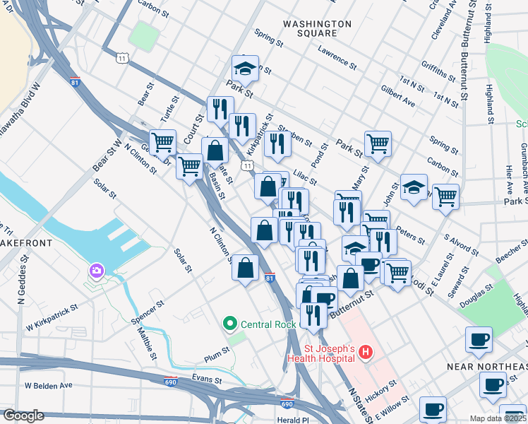 map of restaurants, bars, coffee shops, grocery stores, and more near 821 North Salina Street in Syracuse