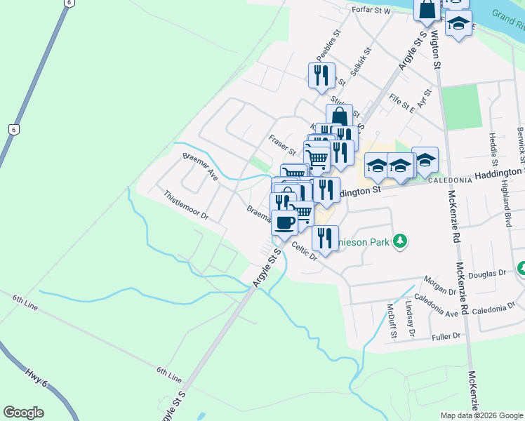 map of restaurants, bars, coffee shops, grocery stores, and more near 30 Braemar Avenue in Caledonia
