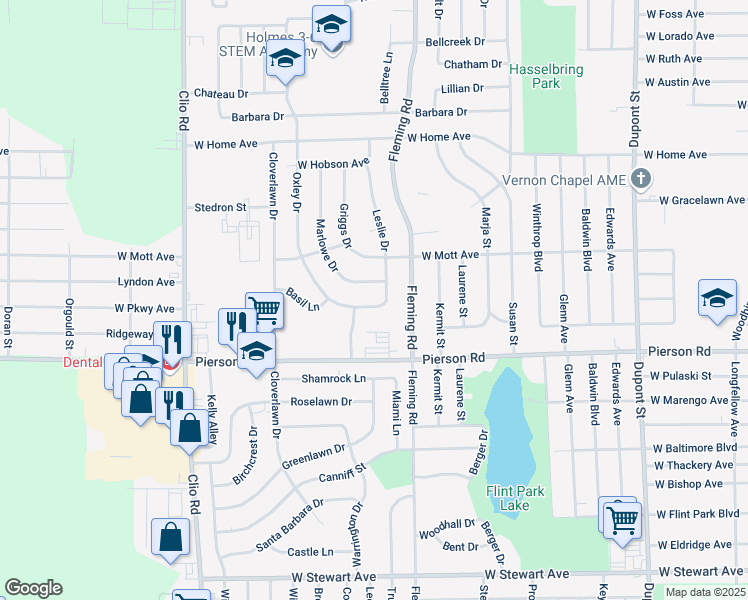 map of restaurants, bars, coffee shops, grocery stores, and more near 1711 Oxley Drive in Flint