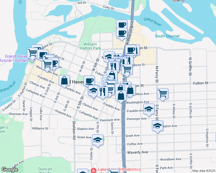 map of restaurants, bars, coffee shops, grocery stores, and more near 7 North 7th Street in Grand Haven