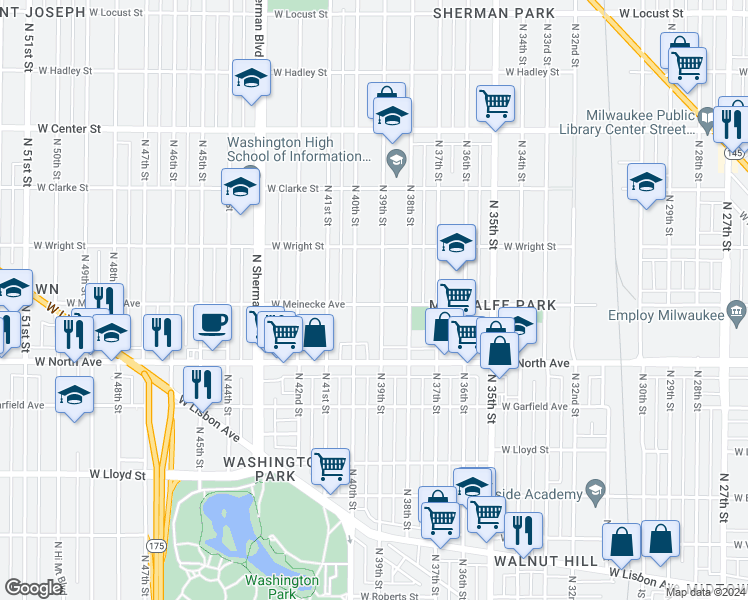 map of restaurants, bars, coffee shops, grocery stores, and more near 2362 North 40th Street in Milwaukee