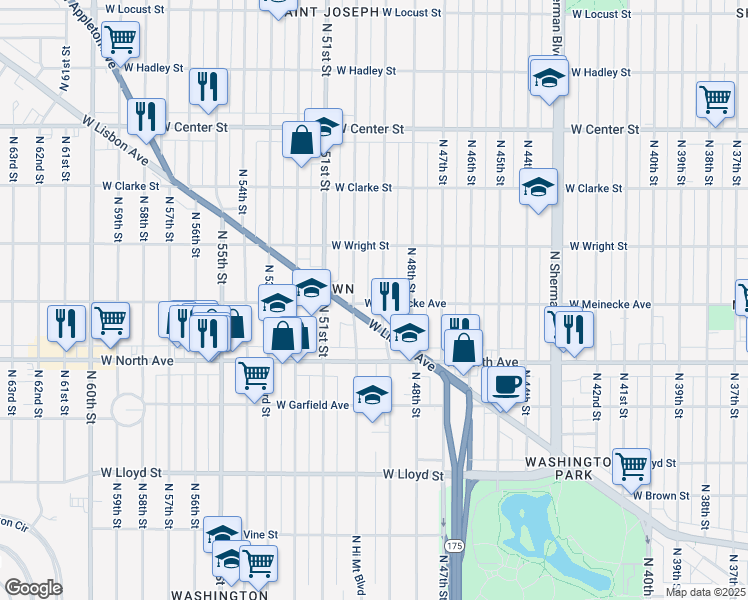 map of restaurants, bars, coffee shops, grocery stores, and more near in Milwaukee