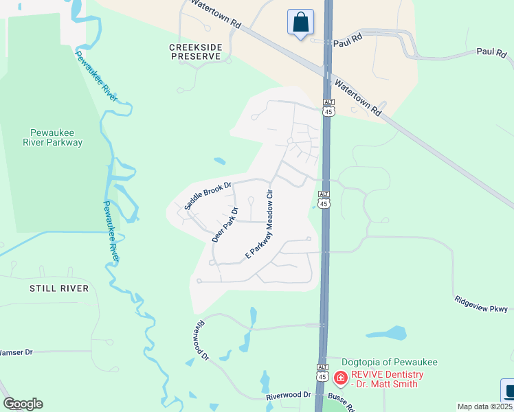 map of restaurants, bars, coffee shops, grocery stores, and more near 2341 East Parkway Meadow Circle in Pewaukee