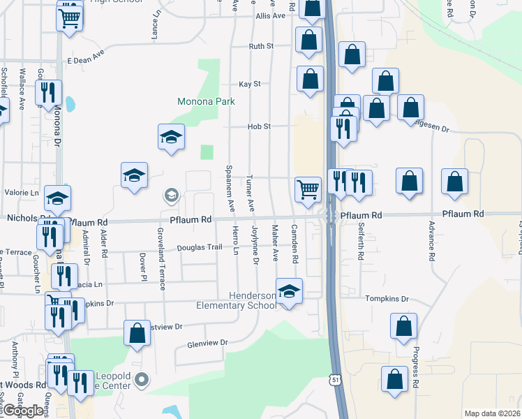 map of restaurants, bars, coffee shops, grocery stores, and more near 5301 Maher Avenue in Madison