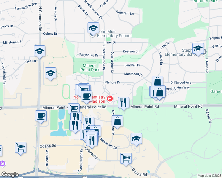 map of restaurants, bars, coffee shops, grocery stores, and more near 302 South Yellowstone Drive in Madison