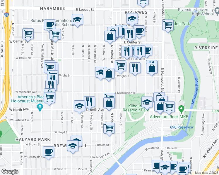 map of restaurants, bars, coffee shops, grocery stores, and more near 2423 North Holton Street in Milwaukee