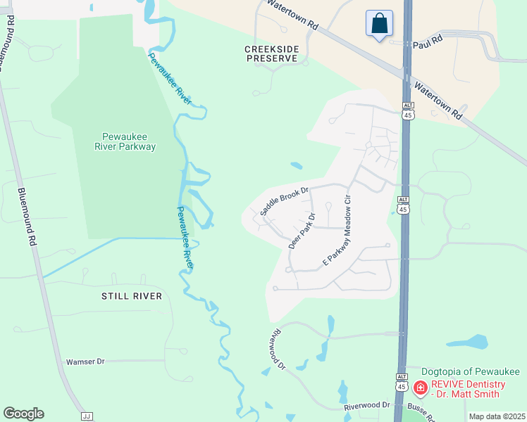 map of restaurants, bars, coffee shops, grocery stores, and more near Saddle Brook Drive in Pewaukee